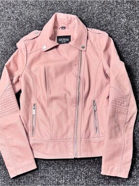 GUESS Pink Moto Jacket Small Faux Leather Blush Biker Style Zip Up